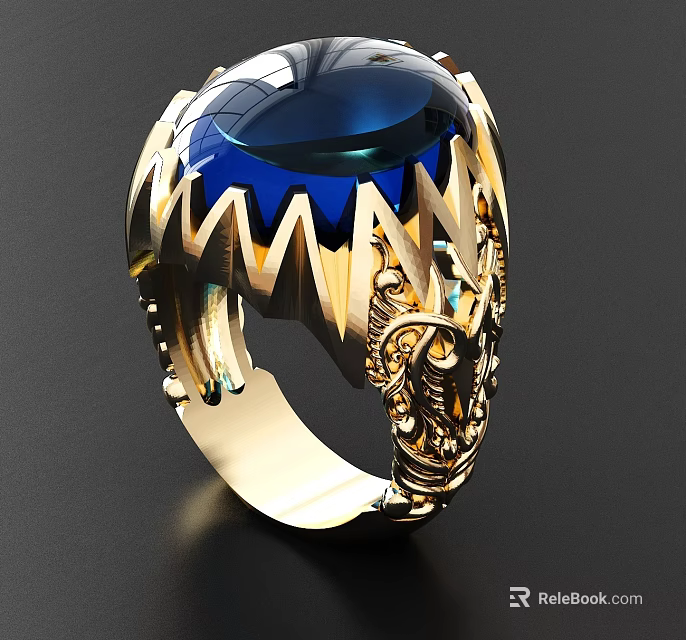 Heart Shaped Blue Gemstone Gold Ring With Intricate Decorative Patterns 3d model 