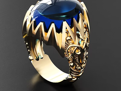 Heart Shaped Blue Gemstone Gold Ring With Intricate Decorative Patterns 3d model