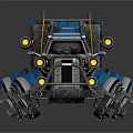 Futuristic Armored Truck In Blue Gray With Mechanical Details And Yellow Lights