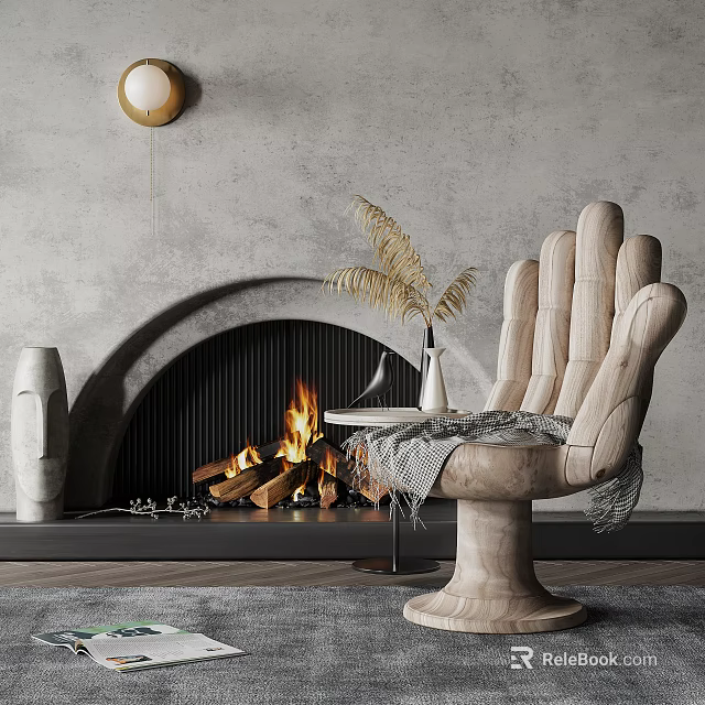 Unique Palm Shaped Solid Wood Leisure Chair For Warm Minimalist Living Room With Arched Fireplace 3d model 