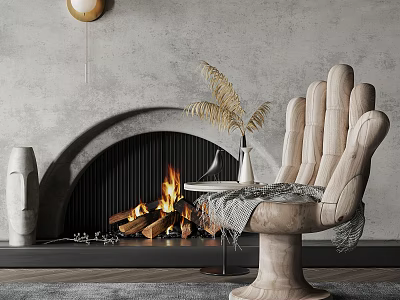 Unique Palm Shaped Solid Wood Leisure Chair For Warm Minimalist Living Room With Arched Fireplace 3d model
