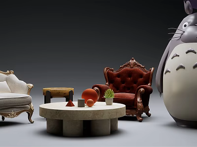 Casual Sofa Set with White Fabric Sofas Red Velvet Armchair Coffee Table and Potted Plant 3d model