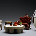 Casual Sofa Set with White Fabric Sofas Red Velvet Armchair Coffee Table and Potted Plant