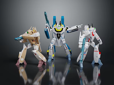Colorful Robot Action Figures With Mechanical Armor And Weapon Accessories In Dynamic Poses 3d model