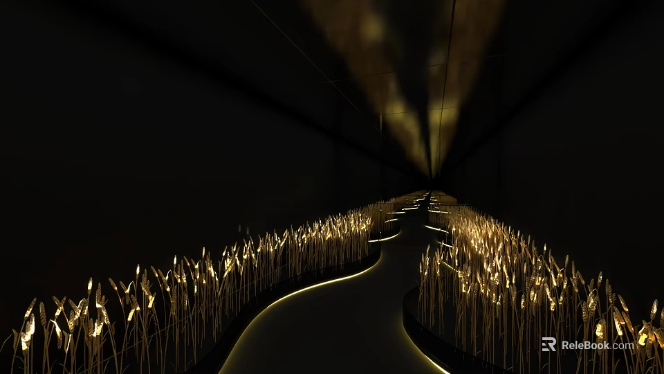 Garden Landscape With Curved Path And Wheat Like Plants Illuminated By Soft Lighting For Dreamy Atmosphere 3d model 