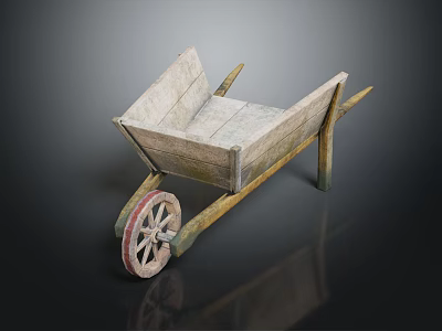 Vintage Wooden Wheelbarrow Featuring Rustic Structure And Single Spoked Wheel Design 3d model