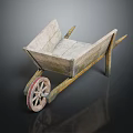 Vintage Wooden Wheelbarrow Featuring Rustic Structure And Single Spoked Wheel Design