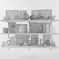 Decorative Ornament Combination On Multi Tiered Shelf With Colorful Frames Model Ornaments And Metal Decor