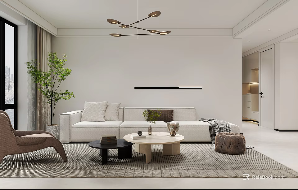 Modern Living and Dining Room Interior With Sofa Coffee Table Chandelier Green Plant and Area Rug 3d model 