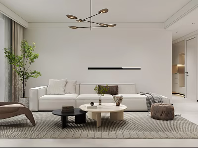 Modern Living and Dining Room Interior With Sofa Coffee Table Chandelier Green Plant and Area Rug 3d model