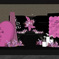 Elegant Banquet Hall With Purple Pink Floral Decorations And Geometric Backdrop Setup