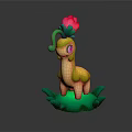 3D Floral Creature Character With Pink Flower Green Stem And Yellow Pink Body On Green Base