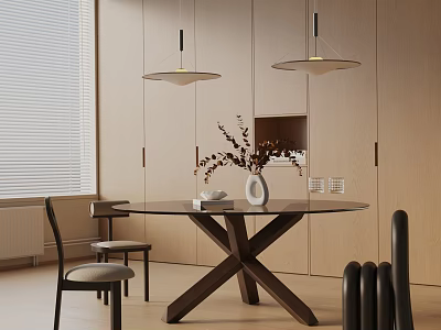 Modern Dining Table Set With Round Glass Top Wooden Cross Base Chairs And Pendant Lights 3d model