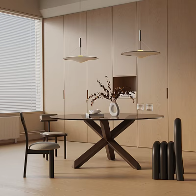 Modern Dining Table Set With Round Glass Top Wooden Cross Base Chairs And Pendant Lights 3d model