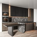 Modern Kitchen Interior Design With Dark Wood Cabinets Marble Island Countertop And Oven