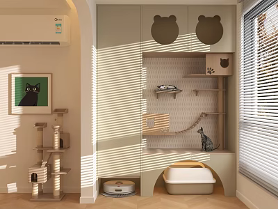 Modern Cat Tree With Cat Face Shaped Cabinets And Sunlit Indoor Space For Cats 3d model
