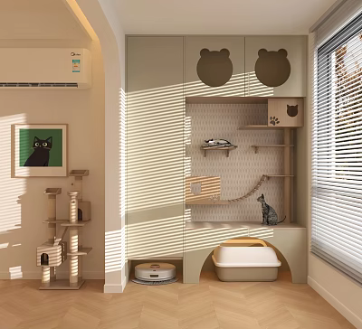 Modern Cat Tree With Cat Face Shaped Cabinets And Sunlit Indoor Space For Cats 3d model