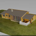 Single Story Wooden House With Gray Roof Chimney And Railed Patio On Green Lawn