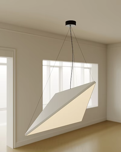 Modern White Polygonal Pendant Light in Bright Room With Large Windows and Minimalist Design 3d model