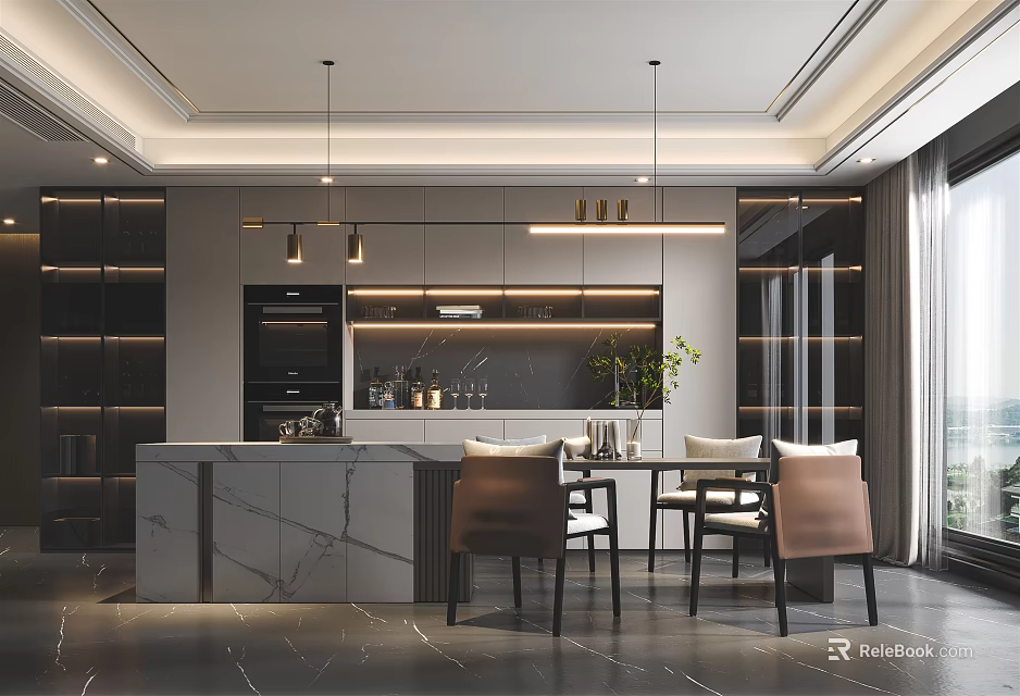 Modern Restaurant Interior With Marble Dining Table Pendant Lights And Comfortable Chairs 3d model