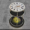 Illuminated Hourglass Art Installation With Golden Particles And Metal Frame On Black Background Gray Floor