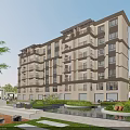 Modern Multi Floor Residential Building with Balconies Surrounded by Landscaped Gardens and Water Features