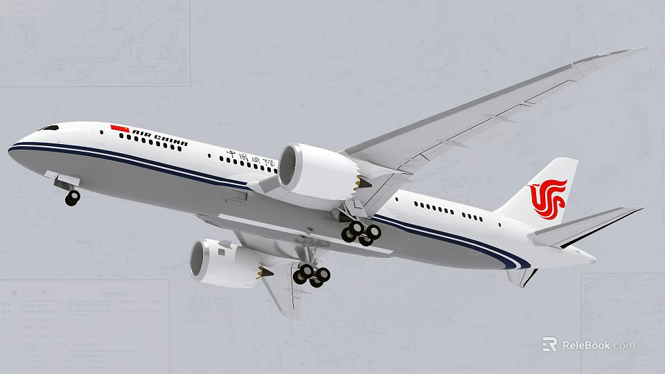 Air China Passenger Airplane In Flight With White Fuselage Blue Stripes And Red Tail Logo 3d model 