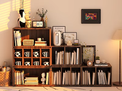 Wooden Multi Layer Bookshelf In Warm Room With Books Decorations Table Lamp And Wall Art 3d model