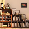 Wooden Multi Layer Bookshelf In Warm Room With Books Decorations Table Lamp And Wall Art