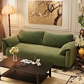 Green Velvet Sectional Sofa In Living Room With Coffee Table Decorative Painting And Floor Lamp