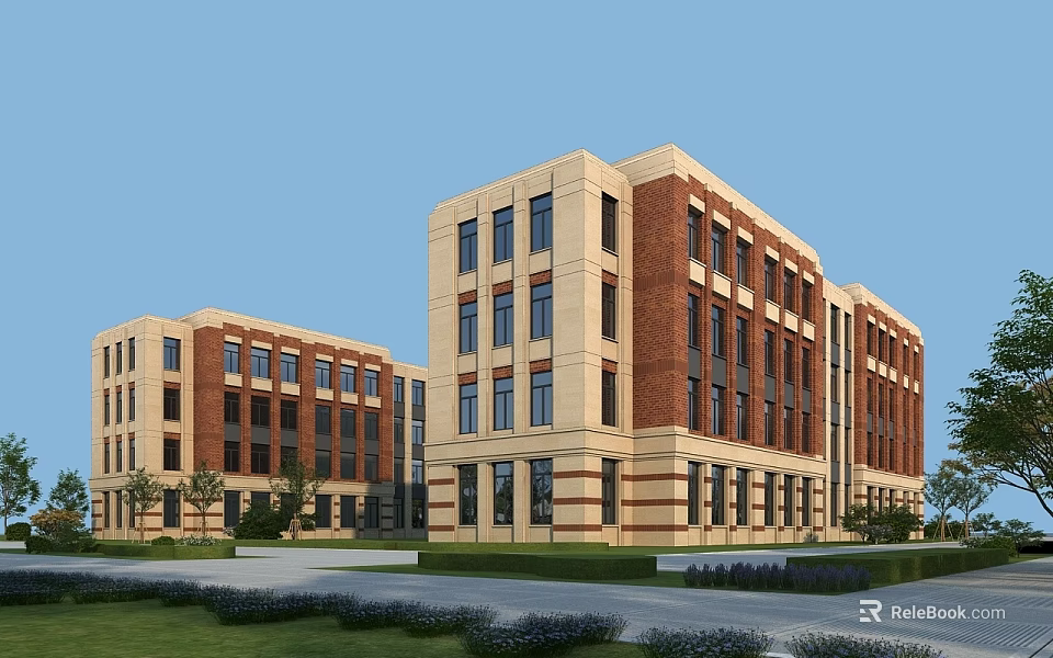 Modern Multi story School Academic Building With Red Brick Beige Facade And Green Lawn Landscaping 3d model 