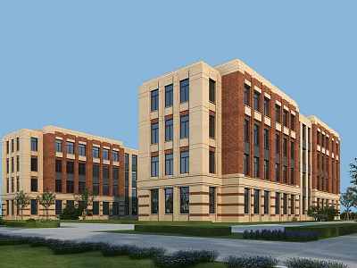 Modern Multi story School Academic Building With Red Brick Beige Facade And Green Lawn Landscaping 3d model