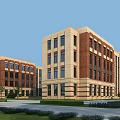 Modern Multi story School Academic Building With Red Brick Beige Facade And Green Lawn Landscaping