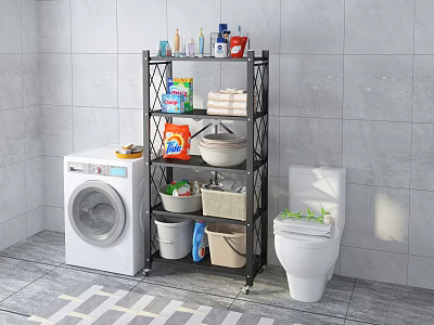 Bathroom Laundry Area With Multi Layer Storage Shelf And Cleaning Supplies 3d model