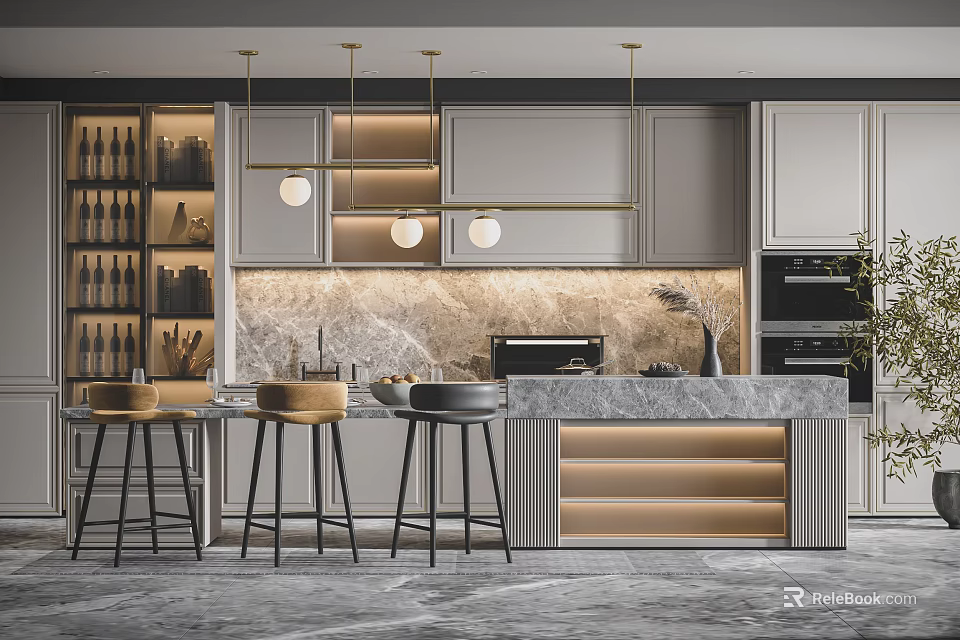 Modern Open Kitchen With Gray Cabinets Marble Countertop And Pendant Lighting 3d model