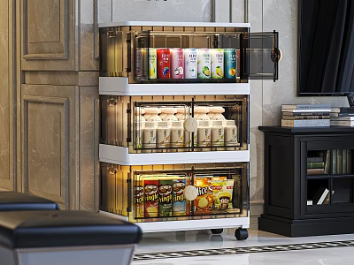 Stylish Storage Cabinet with Transparent Doors Multiple Shelves for Food Storage on Wheels in Room 3d model