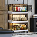 Stylish Storage Cabinet with Transparent Doors Multiple Shelves for Food Storage on Wheels in Room