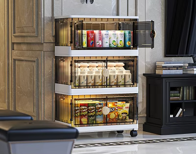 Stylish Storage Cabinet with Transparent Doors Multiple Shelves for Food Storage on Wheels in Room 3d model
