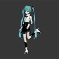 Anime Style Virtual Character Standing Pose With Teal Twin Tails Black White Outfit