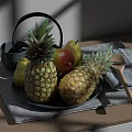 Assorted Fresh Pineapples Pear And Mango On Gray Cloth Plate Wooden Table