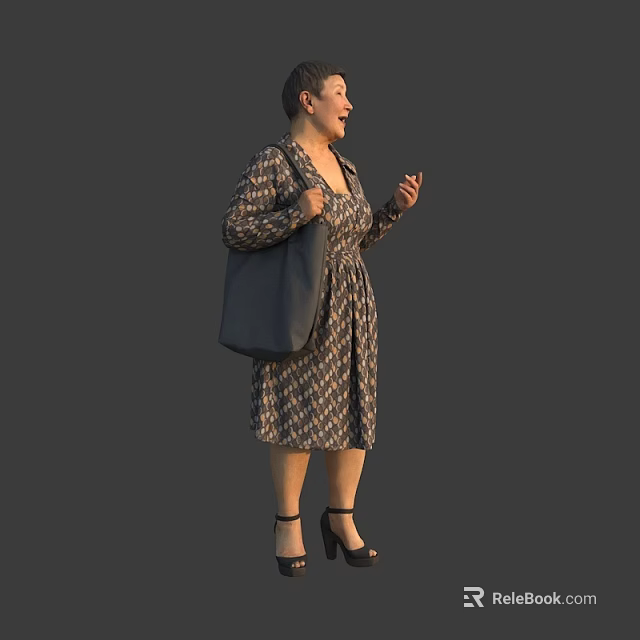 Woman with Short Hair Wearing Patterned Dress Carrying Gray Tote Bag and Black Heels 3d model 