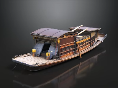 Traditional Wooden Boat With Brown Hull Canopy And Yellow Decorations On Dark Background 3d model
