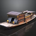 Traditional Wooden Boat With Brown Hull Canopy And Yellow Decorations On Dark Background