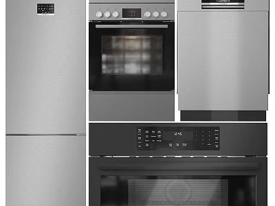 Modern Stainless Steel Kitchen Appliances Including Refrigerator Oven And Dishwasher 3d model