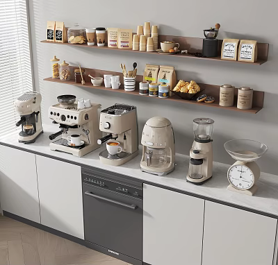 Modern Kitchen Countertop With Daily Use Appliances Coffee Maker Blender Oven And Food Storage Jars 3d model