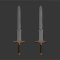 Two Long Swords with Metal Blades Red and Gold Decorative Hilts on Black Background