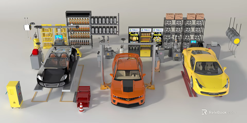 Modern Auto Repair Shop With Lifts Cars Tool Racks And Tire Racks 3d model 