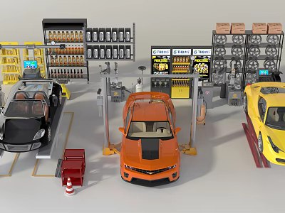 Modern Auto Repair Shop With Lifts Cars Tool Racks And Tire Racks 3d model