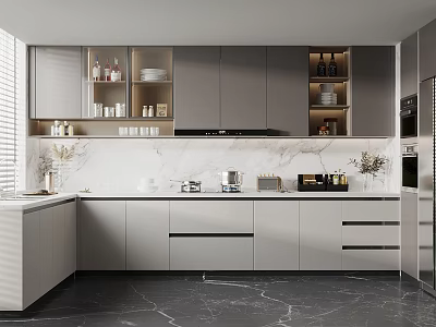 Modern Kitchen Interior Design With Gray Cabinets Marble Countertop And Built in Appliances 3d model