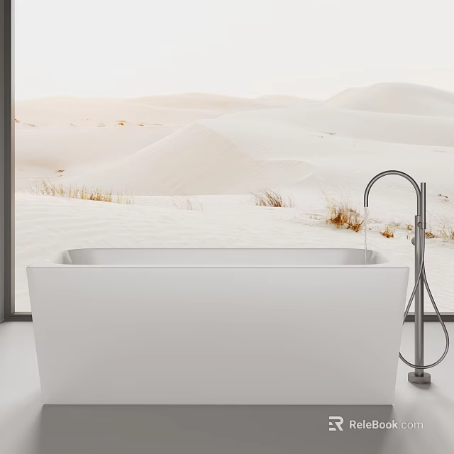 White Bathtub With Silver Faucet And Desert Landscape View Through Window 3d model 